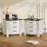 RECHHX Solid Wood Curved Nightstand with Charger Station, Water-Based Painted Bedside Tables with 3 Drawer Storage, Farmhouse End Table with Carved for Bedroom, Living Room, White
