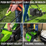 Greenworks 48V (2 x 24V) 17" Brushless Cordless Lawn Mower + 24V Drill / Driver, (2) 4.0Ah USB Batteries (USB Hub)