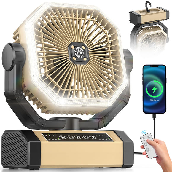 Camping Fan Rechargeable - 9-Inch Battery Powered Fan, 20000mAh(60Hrs) Battery Operated Fan for Camping, Auto Oscillation Cordless Fan, Tent Fan with Remote/Light, 4 Speeds, 4 Timing, Outdoor Orteen