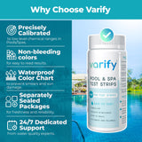 Varify 7 in 1 Pool and Spa Test Strips- Easy to Use Water Testing Kit for Pool, Spa, Hot Tub & More - Tester Strip for Water Hardness, Chlorine, Bromine, pH, Alkalinity and Cyanuric Acid (100 Strips)