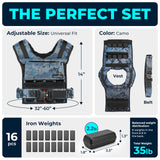 Gymnastics Power - Weighted Vest 6LB, 8LB, 10LB, 15LB, 25lb, 35lb, 45lb, 60lb Removable Iron Weights for Men and Women Workout for Calisthenics and Fitness Sport Training (Camo, 35 LB)