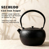 SECHUDO 67.6oz Cast Iron Teapot for Stovetop Safe, Black Japanese Tetsubin Tea Kettle with Stainless Steel Infuser for Loose Leaf, Coated with Enameled Interior