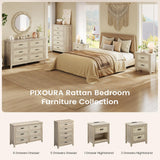 PIXOURA Rattan 6 Drawer Dresser for Bedroom, 48'' Wide Chest of Drawers with Metal Handles, Boho Dresser TV Stand, Wood Closet Dresser for Living Room, Hallway, Grey Oak