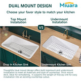Miuara White Undermount Kitchen Sink 32 Inch - Large Topmount Fireclay Drop In Sink 32"x19"x10", Dual Mount Heavy Duty Deep Single Bowl, with 2 Custom Accessories, Glossy White, for Kitchen