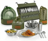 Wealers Unique Complete Messware Kit Polished Stainless Steel Dishes Set| Tableware| Dinnerware| Camping| Buffet| Includes - Cups | Plates| Bowls| Cutlery| Comes in Mesh Bags (4 Person Set) (Green)
