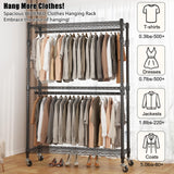 BATHWA Heavy Duty Garment Rack on Wheels, Rolling Clothes Racks for Hanging Storage, Simple Sturdy Metal Wardrobe Closet with Double Rods, 8 Side Hangers, 3 Shelves, Black
