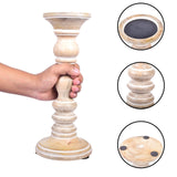 Mela Artisans Wooden Pillar Candle Holders | Willow Design | Set of 3 Mango Wood Candlesticks | Whitewash | Sizes 6" & 9" &12" | Table Decor | Centerpiece | Mantel | Wedding | Living Room Decor