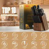 OOU Kitchen Knife Block Set - 15 Pieces High Carbon Stainless Steel Chef Knife Sets, Anti-Rust Black Knives Set with Built-in Sharpener Block, Brown