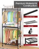 Sakugi Clothes Rack - 33.0" x 12.2" x 79.5" Clothing Rack with Shelves & Wheels, Multi-Functional Wardrobe Closet with Hooks, Sturdy Metal Garment Rack for Bedroom, Laundry, Balcony (Black)