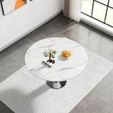 SSLine Round White Faux Marble Dining Table for 4-6 w/Diamond Silver Base