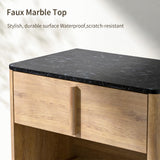 Nightstand Set of 2, 27" Wide Faux Marble & Wood Bedside Tables with Drawer and Open Shelf, Modern Curved End Tables with Rounded Body and Cylindrical Legs for Bedroom,Walnut