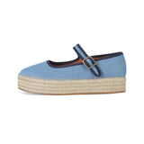MAIJED Mary Jane Woven Espadrilles for Women Round Toe Ballerina Shoes Canvas Summer Flats Denim Blue US8