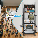 Greenecocs Fishing Pole Holders for Garage,3 Tiers Fishing Rod Rack,Holds up to 12 Rods,Fishing Organizer with Pegboard&Hooks&Lockable Wheels,Fishing Pole Storage for Reel Combos/Tackle/Fishing