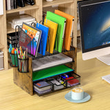 DAOUTIME 4-Tier Mesh Desk Organizer, Wooden Desk File Organizer with 5 Vertical File Holders and 2 Pen Holders, Desktop Organizers and Accessories with Drawer for Home Office