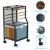 BOHDK Rolling File Cart, 6-Tier Under Desk Organizer on Lockable Wheels, Brown Wood Planks & Mesh File Cart with Sliding Drawer and Paper Trays for Office Home School, 14.8" L x 11.8" D x 27.7" H BOHDK