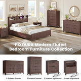 PIXOURA Fluted Nightstand with Charging Station, 21" Wide Modern Bedside Table with 2 Storage Drawers, Curved Corner & Metal Handle, Mid Century Night Stand End Side Table for Bedroom, Walnut