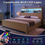 Uteeran King Size Bed Frame and Tall Headboard & Storage, Metal Platform Bed Frame with 4 Storage Drawers, King Bed Frame with LED Lights & Charging Ports, No Box Spring Needed, Noise-Free, Natural