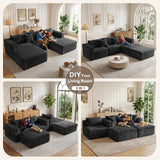 Boneless Couches for Living Room - 110" U Shaped Modular Sectional Sofa with Ottoman Oversized Deep Seat Corduroy No Assembly Memory Foam Cloud Big Comfy Convertible Floor Couch (Black)