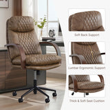 KISLOT Home Office Desk Chair, Ergonomic Office Chair with Lumbar Support, Adjustable Swivel Computer Chair with Wheels, Faux Leather Executive Task Chair with Wood Arms, Brown