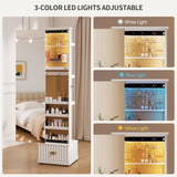 Lvifur 360° Swivel Jewelry Cabinet with Light and Side Sliding Door for Bedroom White,Standing Jewelry Armoires with Full Length Mirror&3 Photo Frames&Drawer&Movable Wheels for Cloakroom,Dressing Room