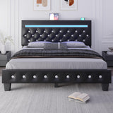 Holiway Full Size Bed Frame with LED Lights & Charging Station, Faux Leather Upholstered Platform Bed, Adjustable Crystal Button Headboard, Solid Wood Slats, No Box Spring Needed, Black