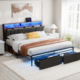 IKIFLY King Bed Frame with Dustproof Storage Drawers, Ergonomic Hidden Storage headboard with Charging Station, Upholstered LED King Platform Bed, No Box Spring Needed, Easy Assembly, Dark Grey