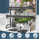 Babosas Over The Sink Dish Drying Rack,3 Tier Adjustable Length (25.5'' to 37.4'') Full Stainless Steel Large Storage Kitchen Dish Rack,for Kitchen Counter,Expandable Multifunctional Organizers,Black