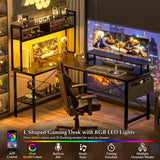 Aheaplus L Shaped Gaming Desk with Power Outlets & LED Lights, Small L- Shaped Desk Computer Corner Desk with Monitor Stand & Storage Shelf, Home Office