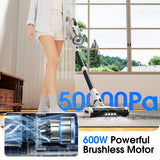 Klarpul Cordless Vacuum Cleaner, 2 Batteries 140 Mins Runtime 600W 50Kpa Stick Vacuum Cordless, Self-Standing Vacuum Cleaners for Home with 2.5H Fast Charging, for Floor/Carpet/Pet Hair, White