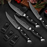 CoquusAid Steak Knives Set of 8, 4.8 Inch Straight Edge Ultra Sharp Durable Meat knives with Rest, High Carbon Stainless Steel Damascus Pattern Triple Rivet Handle, Ideal for Home Restaurant Party