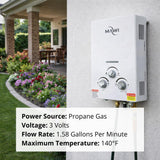 Tankless water heater Gas Propane 1.6GPM VENT FREE 41000 BTU Portable hot water Heater Great for RV & Home outdoors installation - On demand Instant hot water supply - Calentador de agua de Gas White