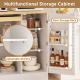 IRONCK Bakers Rack with Pull Out Shelf and Power Outlet, Microwave Stand with Adjustable Shelves & 5 Hooks, Barn Doors, Kitchen Pantry Coffee Bar Cabinet for Kitchen Dining Room, White