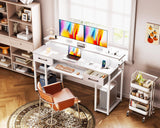 Computer Desk with Drawers, 55 Inch Office Desk with Power Outlet and Keyboard Tray & Storage Shelves & PC Stand