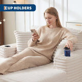 GarveeHome 64in Oversized Corduroy Fabric Bone-Free Sofa Bed Cloud Sofa with Cup Holders and Pillows Comfortable Deep-Seat Sleeping Sofa Chair Suitable for Apartments, Living Rooms, Bedrooms - Beige