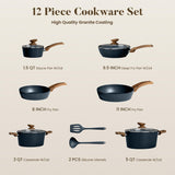 Kitchen Academy Pots and Pans Set Non Stick - 12 Piece Induction Kitchen Cookware Sets, Blue Granite Nonstick Cooking Pans Set