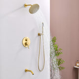 RF SUNUAN Shower System with Tub Spout, Gold Bathtub Shower Faucet Set, 8" Rain Shower Head and Handheld Spray Combo, Round Shower Head and Handle Set with Tub Spout (Valve Included), Brushed Gold