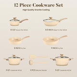 Kitchen Academy 12-Piece Induction Cookware Set, Nonstick Granite Pots and Pans in Beige
