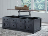 Signature Design by Ashley Wildenauer Lift Top Cocktail Table, Satin Finish Base, 2 Drawers, 2 Storage Bins, Hardwood Solids, 52" W x 28" D x 19" H, Light Brown & Black