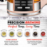 Gourmia Electric Glass Kettle – 1.7L Programmable Tea & Coffee Brewer with Digital Touch Display, 6 Presets, Removable Stainless Steel Infuser, Cordless with 360° Swivel Base, Peach