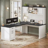 L Shaped Desk with Hutch and 3 Drawers, 68.9" Executive Office Desk with File Drawer and Power Outlet