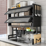 Diodceraic Over The Sink Dish Drying Rack Space-Saving 3 Tier with Cover Dish Rack with Dustproof Cover and Knife Holder Large Capacity Kitchen Organizer for Plates, Bowls, and Pots(Black,65cm)