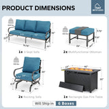 MFSTUDIO 6 Piece Metal Patio Furniture Set with Fire Pit Table,Peacock Blue