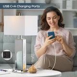 Modern Table Lamp Set of 2 Touch Control, Silver Mirror Big Diamond Crystal Bedside Lamp with USB C+A Ports, 3-Way Dimmable Mirrored Nightstand Lamps White Fabric Shade for Living Room Bedroom
