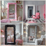 Anpark Full Length Mirror Free Standing Furry Faux Fur Framed Full Body Floor Mirror Wall Mounted Leaning Hanging Wall for Bedroom Hallway Entrance, 71"x32", Pink