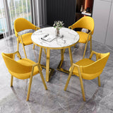 Mid-Century Round Faux Marble Dining Table Set for 4 - Light Yellow Chairs Included, Space-Saving for Kitchen Nook Office Lunch Break Small Conference & Modern Home Decor