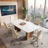 Tribesigns 5.25 ft Conference Table with White Glossy Sintered Stone Tabletop and Solid Wood Dual-Pedestal
