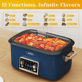 SUNVIVIPRO 12-in-1 Programmable Slow Cooker Roaster Oven, 8 Quart Digital Multi-Cooker Food Warmer with Timer, Temp Control & Auto Shut Off, Removable Non-Stick Pot, Dishwasher-Safe Glass Lid, Blue