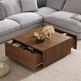 Merax Modern Wood Square Coffee Table with 4 Hidden Storage Drawers, 33.25" Minimalist Center Tables for Living Room, Easy Assembly, Walnut
