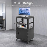 Mobile Av Cart with Locking Cabinet, with Wheels, Pullout Tray, Power Strip