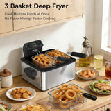 OSTBA Electric Deep Fryer with 3 Baskets, 1700W Stainless Steel Oil Fryer, 4.75QT Countertop Fryer with Adjustable Temperature, Viewing Window, Odor Filter & Removable Oil Container
